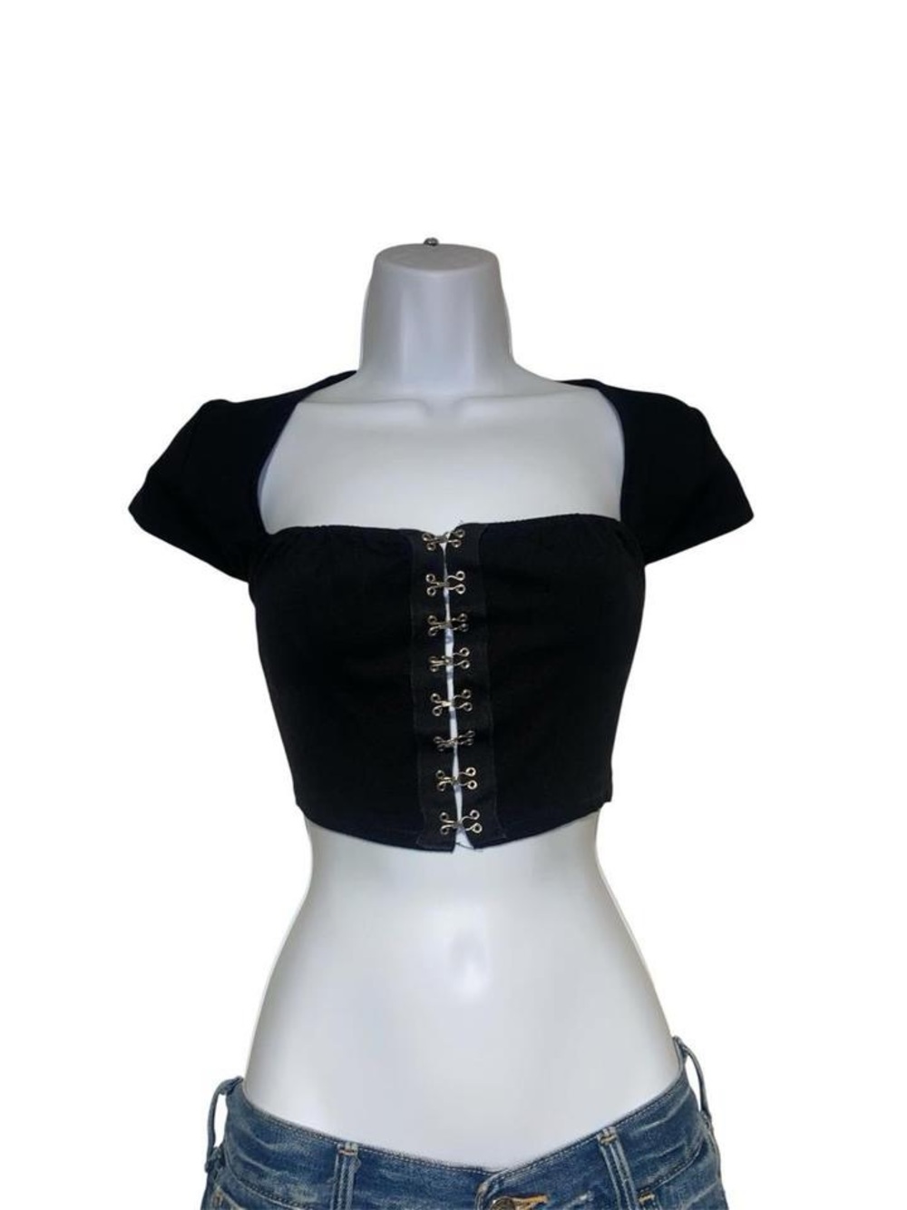 Y2k black square neck crop top with silver hook and eye closure detail